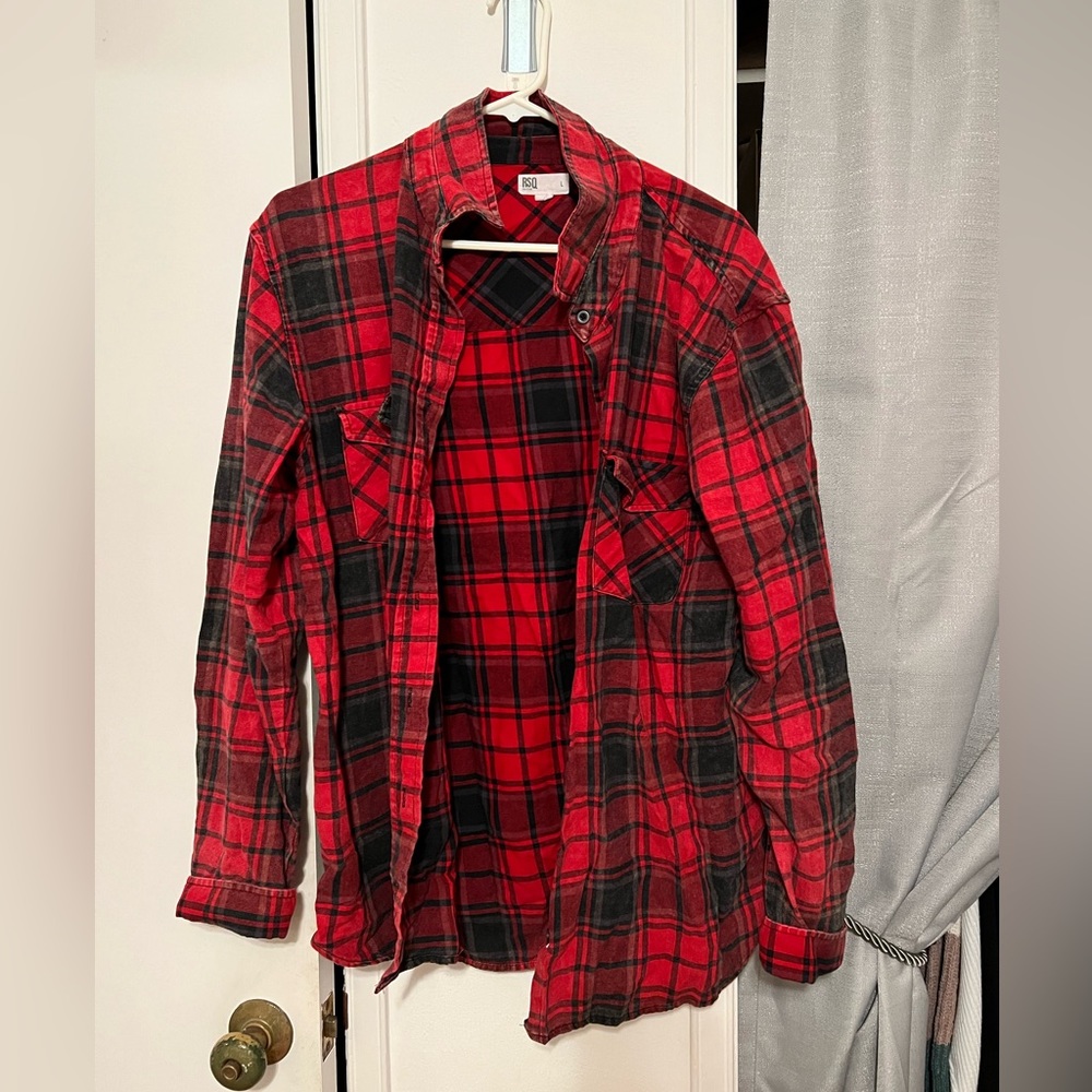 Faded Red and black plaid flannel shirt